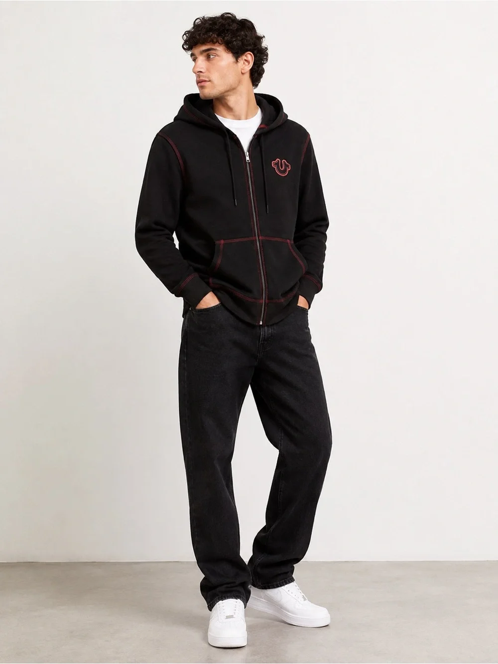 True Religion Black Zip Hoodie with Red Contrast Stitching